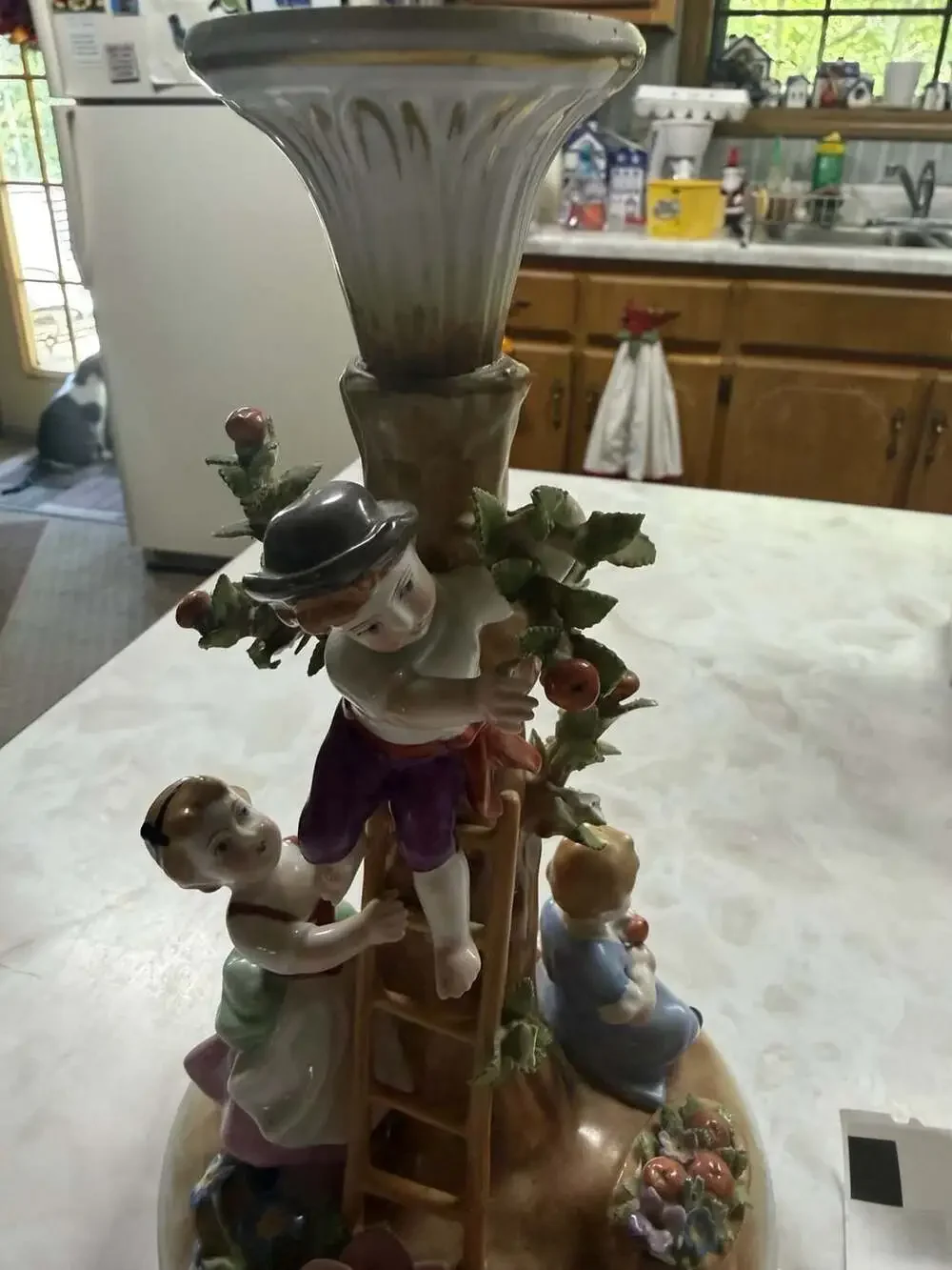 Von Schierholz German Porcelain Figural Compote Candlestick Apple Harvesters